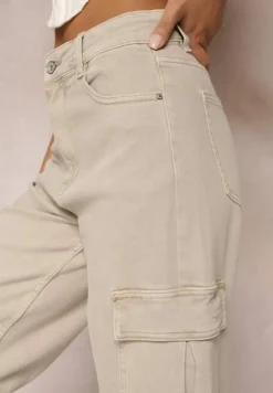 Ciemnobeżowe Jeansy Cargo High Waist z Kieszeniami Anora