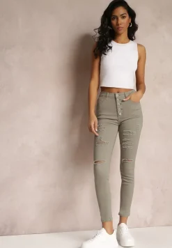 Ciemnobeżowe Jeansy Skinny z Wysokim Stanem Yholo