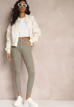 Ciemnobeżowe Jeansy Skinny z Wysokim Stanem Yholo