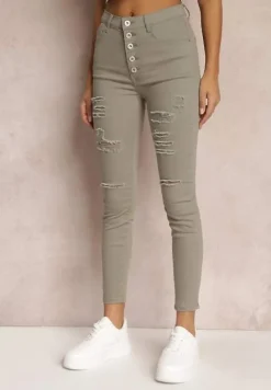 Ciemnobeżowe Jeansy Skinny z Wysokim Stanem Yholo