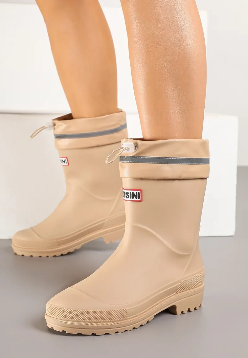 Ciemnobeżowe Kalosze ze Ściąganą Cholewką i Napisem Fenarale