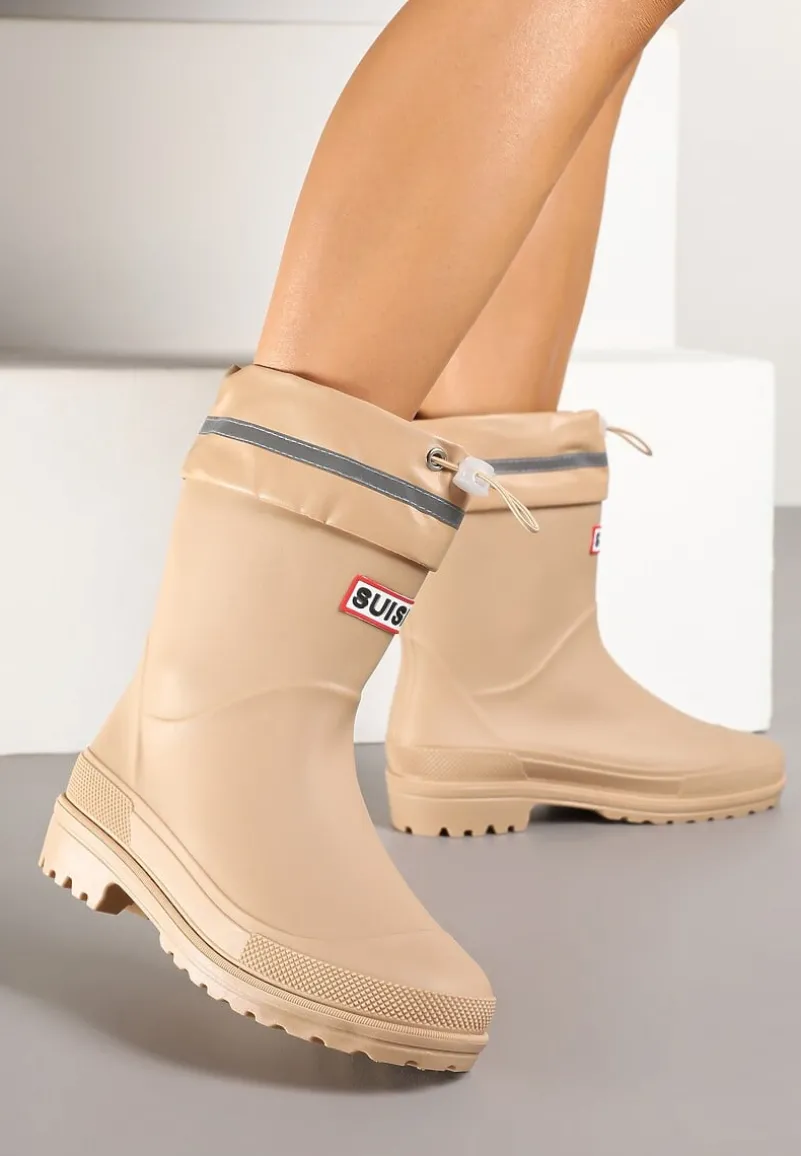 Ciemnobeżowe Kalosze ze Ściąganą Cholewką i Napisem Fenarale