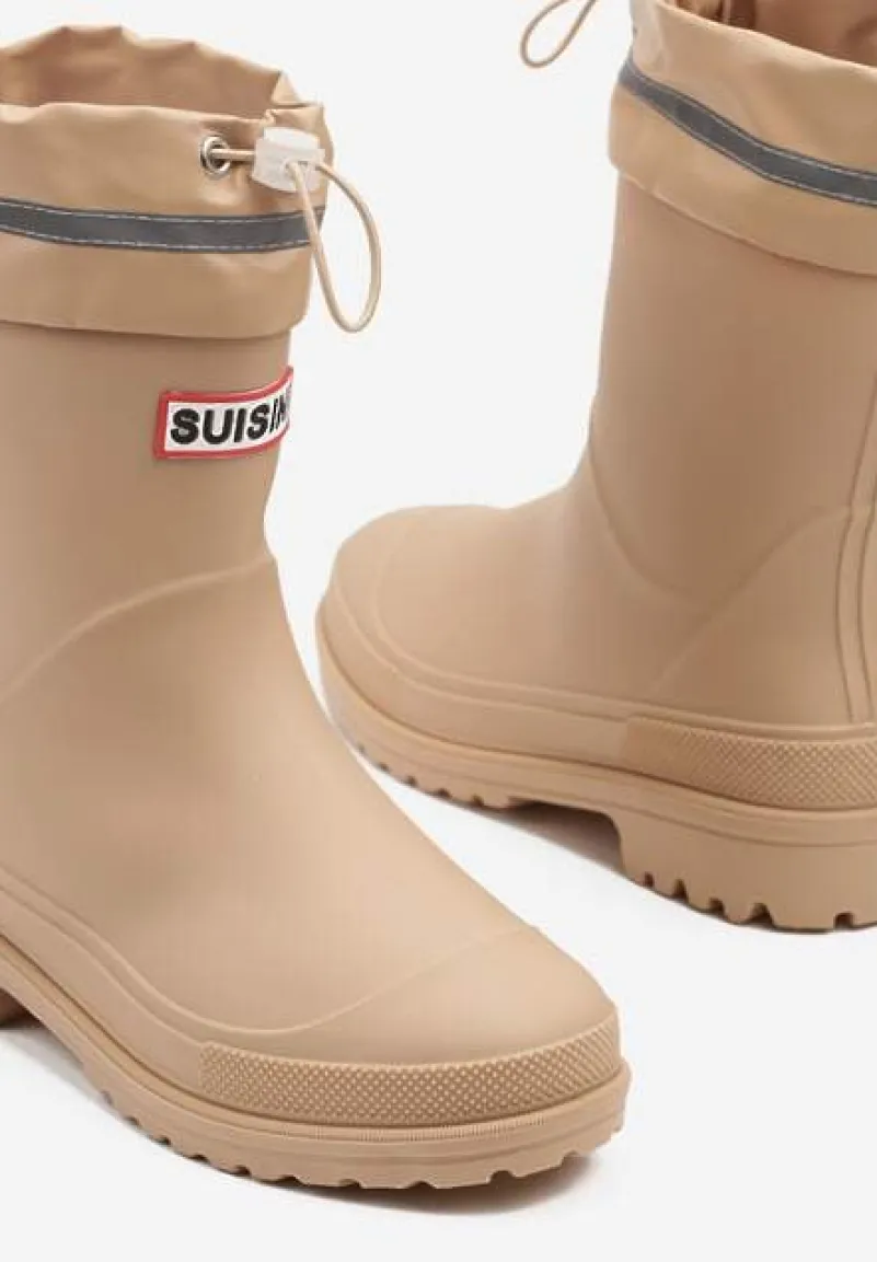 Ciemnobeżowe Kalosze ze Ściąganą Cholewką i Napisem Fenarale