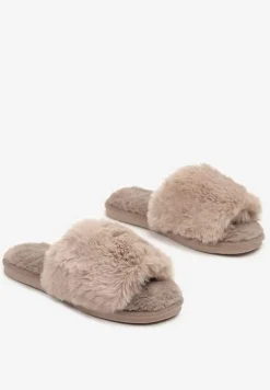 Ciemnobeżowe Kapcie Futrzane Vices z Szerokim Paskiem Selaenor
