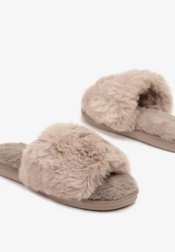 Ciemnobeżowe Kapcie Futrzane Vices z Szerokim Paskiem Selaenor