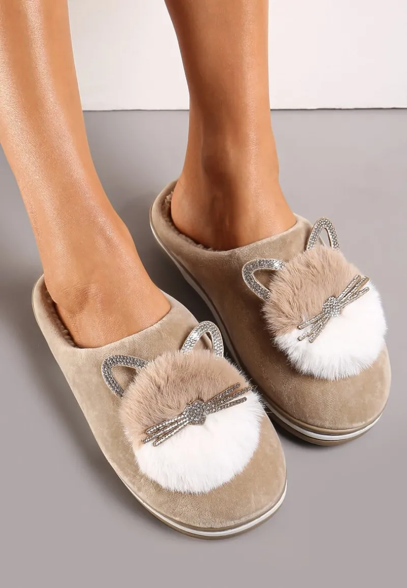 Ciemnobeżowe Kapcie Futrzane z Kotkiem Leze