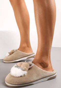 Ciemnobeżowe Kapcie Futrzane z Kotkiem Leze