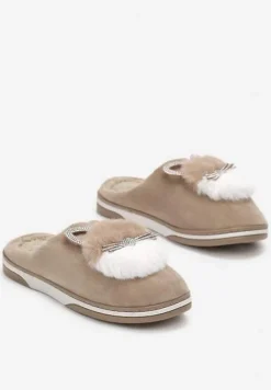 Ciemnobeżowe Kapcie Futrzane z Kotkiem Leze