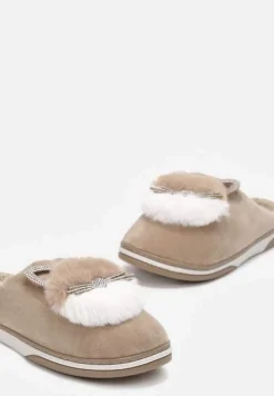 Ciemnobeżowe Kapcie Futrzane z Kotkiem Leze