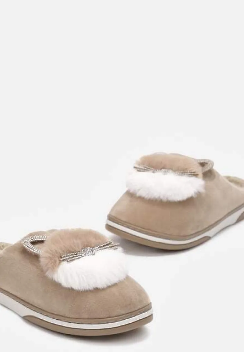 Ciemnobeżowe Kapcie Futrzane z Kotkiem Leze