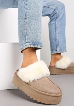 Ciemnobeżowe Kapcie na Grubej Podeszwie z Ozdobnym Futerkiem Sunessa