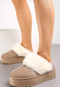 Ciemnobeżowe Kapcie na Grubej Podeszwie z Ozdobnym Futerkiem Sunessa