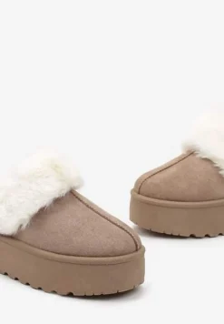 Ciemnobeżowe Kapcie na Grubej Podeszwie z Ozdobnym Futerkiem Sunessa