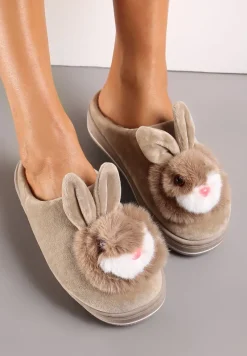 Ciemnobeżowe Kapcie na Grubej Podeszwie Pisces