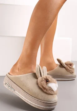 Ciemnobeżowe Kapcie na Grubej Podeszwie Pisces