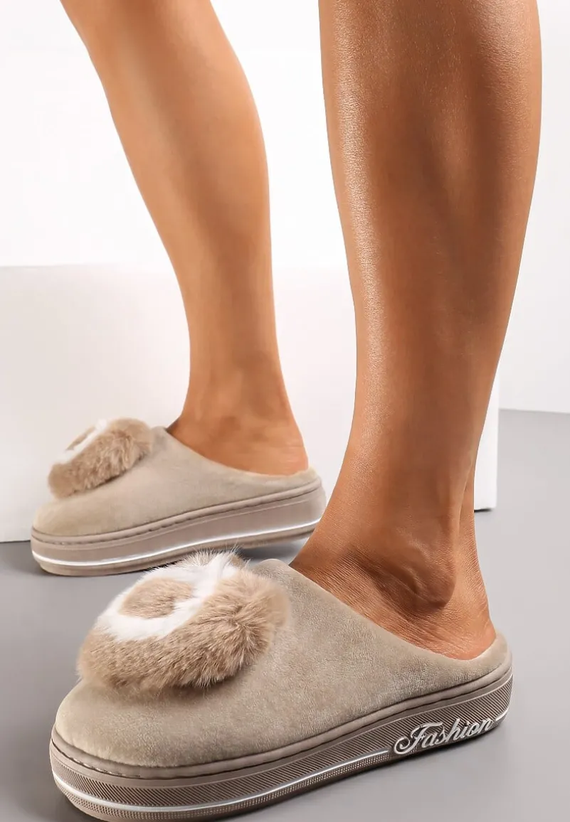 Ciemnobeżowe Kapcie na Grubej Podeszwie z Futrzaną Aplikacją Phoenix