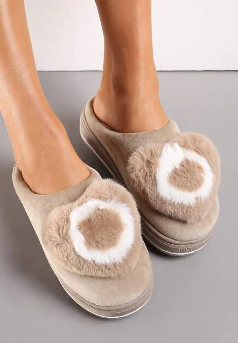 Ciemnobeżowe Kapcie na Grubej Podeszwie z Futrzaną Aplikacją Phoenix