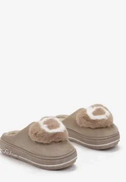 Ciemnobeżowe Kapcie na Grubej Podeszwie z Futrzaną Aplikacją Phoenix
