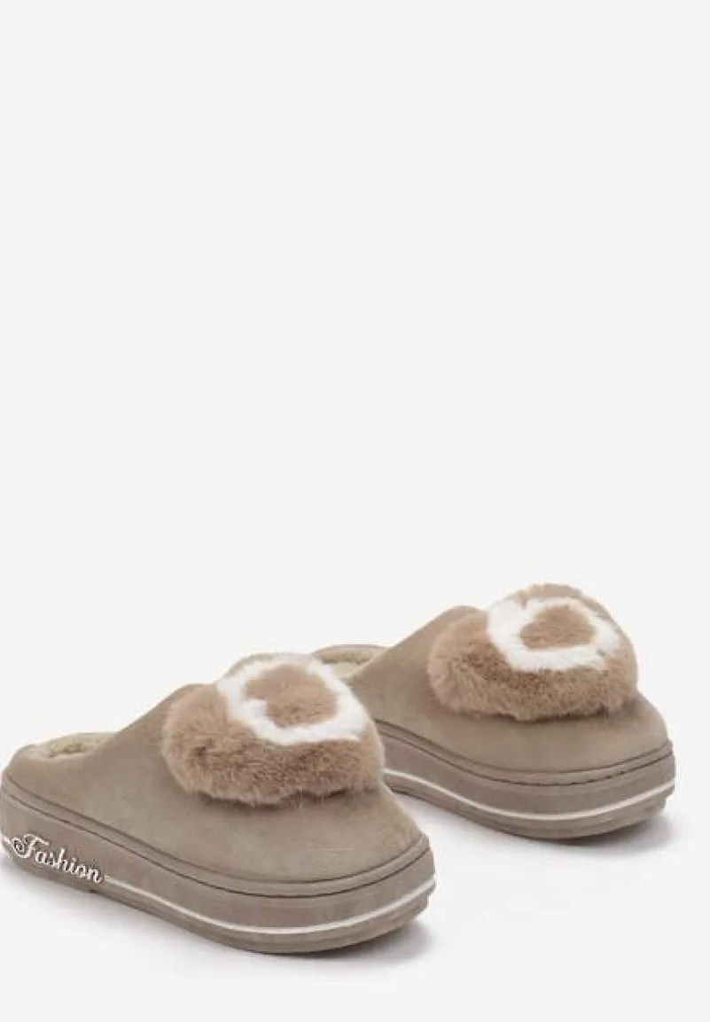 Ciemnobeżowe Kapcie na Grubej Podeszwie z Futrzaną Aplikacją Phoenix