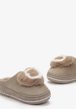 Ciemnobeżowe Kapcie na Grubej Podeszwie z Futrzaną Aplikacją Phoenix