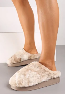 Ciemnobeżowe Kapcie na Płaskiej Podeszwie z Futerkiem Leranna