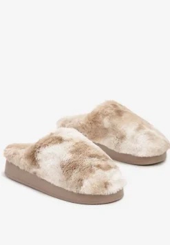 Ciemnobeżowe Kapcie na Płaskiej Podeszwie z Futerkiem Leranna