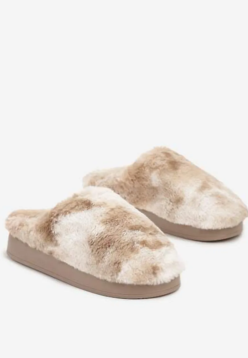 Ciemnobeżowe Kapcie na Płaskiej Podeszwie z Futerkiem Leranna