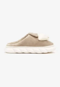 Ciemnobeżowe Kapcie na Płaskiej Podeszwie z Futerkiem i Kokardą Dezilaine