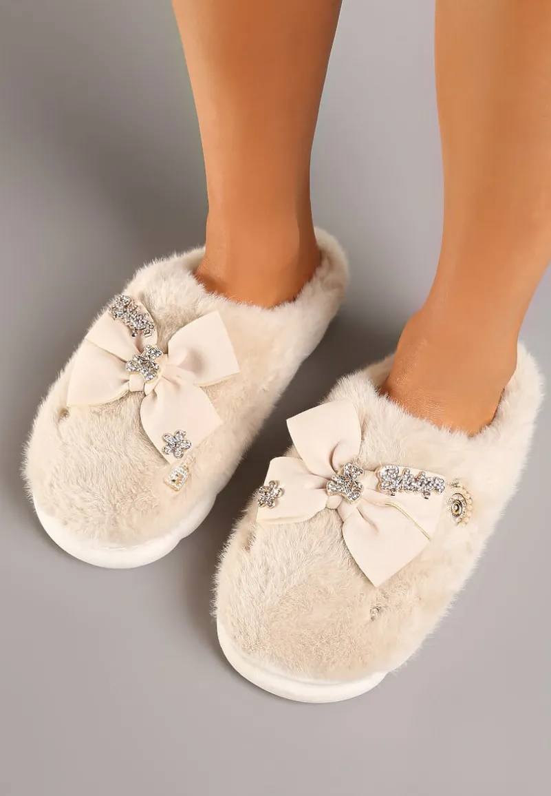 Ciemnobeżowe Kapcie na Płaskiej Podeszwie z Futerkiem Kokardą i Cyrkoniami Mianoria