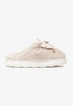 Ciemnobeżowe Kapcie na Płaskiej Podeszwie z Futerkiem Kokardą i Cyrkoniami Mianoria