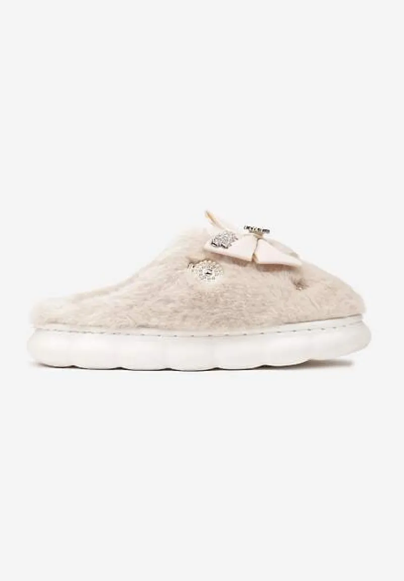 Ciemnobeżowe Kapcie na Płaskiej Podeszwie z Futerkiem Kokardą i Cyrkoniami Mianoria