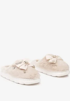 Ciemnobeżowe Kapcie na Płaskiej Podeszwie z Futerkiem Kokardą i Cyrkoniami Mianoria