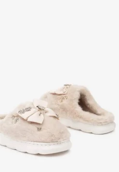 Ciemnobeżowe Kapcie na Płaskiej Podeszwie z Futerkiem Kokardą i Cyrkoniami Mianoria
