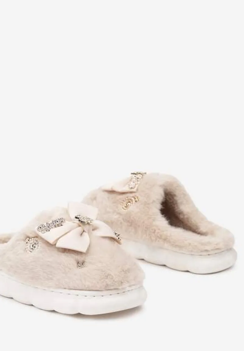 Ciemnobeżowe Kapcie na Płaskiej Podeszwie z Futerkiem Kokardą i Cyrkoniami Mianoria