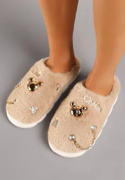 Ciemnobeżowe Kapcie na Płaskiej Podeszwie z Futerkiem Ozdobione Łańcuszkiem i Cyrkoniami Reanivia