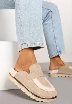 Ciemnobeżowe Kapcie na Płaskiej Podeszwie z Futerkiem i Paskiem Niaviera