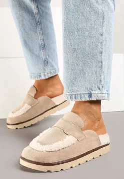 Ciemnobeżowe Kapcie na Płaskiej Podeszwie z Futerkiem i Paskiem Niaviera