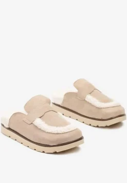 Ciemnobeżowe Kapcie na Płaskiej Podeszwie z Futerkiem i Paskiem Niaviera