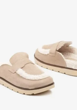 Ciemnobeżowe Kapcie na Płaskiej Podeszwie z Futerkiem i Paskiem Niaviera