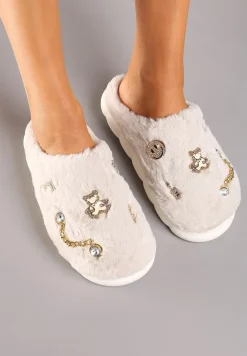 Ciemnobeżowe Kapcie na Płaskiej Podeszwie z Cyrkoniami i Aplikacjami Merivies