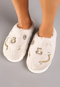 Ciemnobeżowe Kapcie na Płaskiej Podeszwie z Cyrkoniami i Aplikacjami Merivies