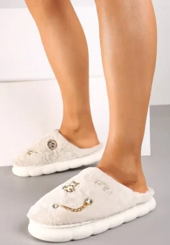 Ciemnobeżowe Kapcie na Płaskiej Podeszwie z Cyrkoniami i Aplikacjami Merivies