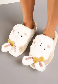 Ciemnobeżowe Kapcie na Płaskiej Podeszwie Ozdobione Króliczkiem 3D Temiena