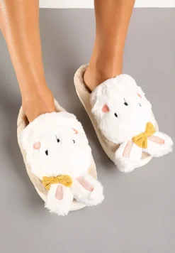 Ciemnobeżowe Kapcie na Płaskiej Podeszwie Ozdobione Króliczkiem 3D Temiena