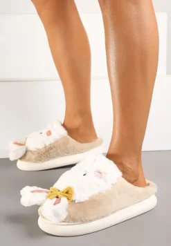Ciemnobeżowe Kapcie na Płaskiej Podeszwie Ozdobione Króliczkiem 3D Temiena