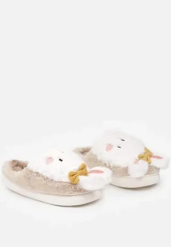 Ciemnobeżowe Kapcie na Płaskiej Podeszwie Ozdobione Króliczkiem 3D Temiena