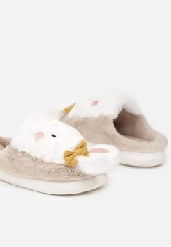 Ciemnobeżowe Kapcie na Płaskiej Podeszwie Ozdobione Króliczkiem 3D Temiena