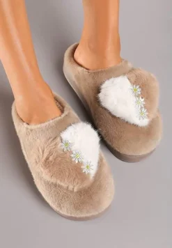 Ciemnobeżowe Kapcie na Platformie Ozdobione Cyrkoniami i Serduszkiem Laonaya