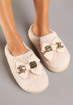 Ciemnobeżowe Kapcie na Platformie Ozdobione Futerkiem Aplikacją i Kokardą Feziara