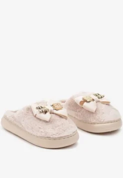Ciemnobeżowe Kapcie na Platformie Ozdobione Futerkiem Aplikacją i Kokardą Feziara